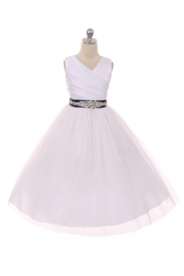 Flower Girl Dress Style 276CB- White or Ivory Dress with NAVY BEADED Sash