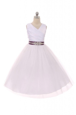 Flower Girl Dress Style 276CB- White or Ivory Dress with PURPLE BEADED Sash