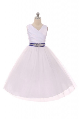 Flower Girl Dress Style 276CB- White or Ivory Dress with ROYAL BLUE BEADED Sash