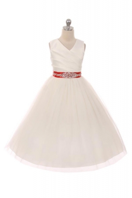 Flower Girl Dress Style 276CB- White or Ivory Dress with RED BEADED Sash