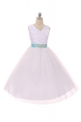 Flower Girl Dress Style 276CB- White or Ivory Dress with TURQUOISE BEADED Sash