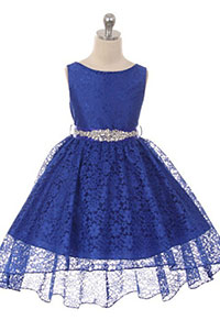 Girls Dress Style 360CB - ROYAL BLUE High-Low Lace Dress with Matching Rhinestone Sash