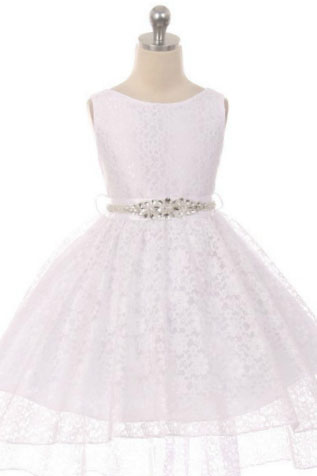 Girls Dress Style 360CB - WHITE High-Low Lace Dress with Matching Rhinestone Sas