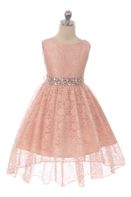 Girls Dress Style 360 - BLUSH PINK High-Low Lace Dress with Matching Rhinestone Sash