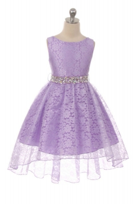 Girls Dress Style 360 - LILAC High-Low Lace Dress with Matching Rhinestone Sash
