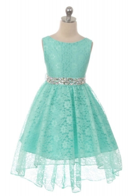 Girls Dress Style 360 - MINT High-Low Lace Dress with Matching Rhinestone Sash