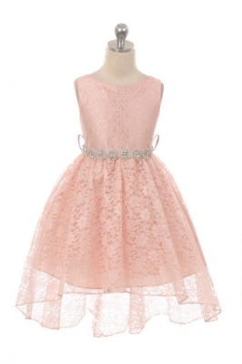 Girls Dress Style 360S - BLUSH PINK High-Low Lace Dress with Matching Rhinestone Sash