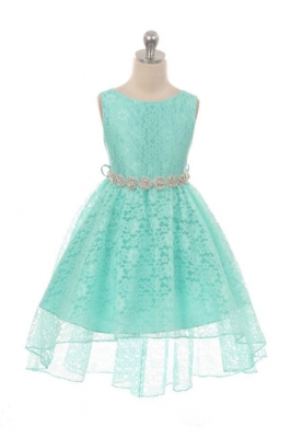 Girls Dress Style 360S - MINT High-Low Lace Dress with Matching Rhinestone Sash