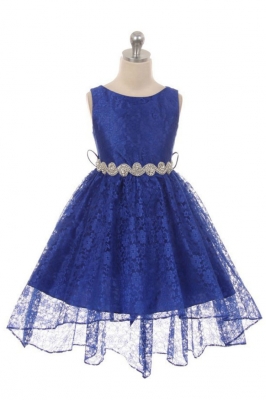 Girls Dress Style 360S - ROYAL BLUE High-Low Lace Dress with Matching Rhinestone Sash