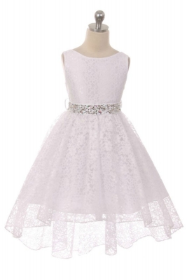 Girls Dress Style 360 - WHITE High-Low Lace Dress with Matching Rhinestone Sash