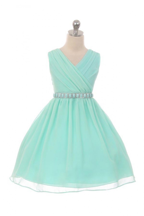 Girls Dress Style 371 MINT Crepe Bias Cut Bodice with Stone Trim Belt
