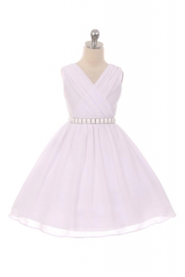 Girls Dress Style 371 - WHITE Crepe Bias Cut Bodice with Stone Trim Belt