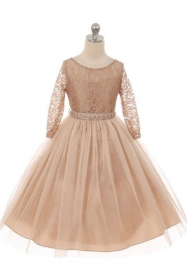 Girls Dress Style 372 - CHAMPAGNE Long Sleeved Lace and Tulle Dress