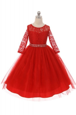 Girls Dress Style 372 - RED Long Sleeved Lace and Tulle Dress