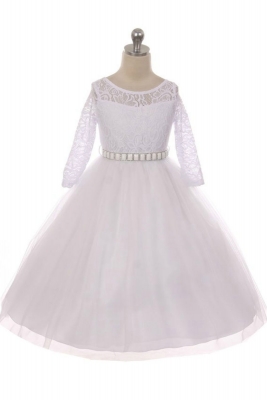Girls Dress Style 372 - WHITE Long Sleeved Lace and Tulle Dress