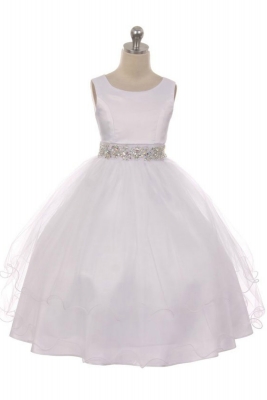 Girls Dress Style 374 - WHITE Satin and Tulle Dress with Beaded Belt