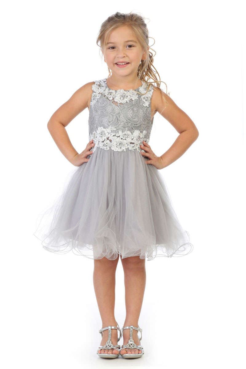 MB_JK52SV Girls Dress Style JK52 SILVER Floral Lace and Tulle with