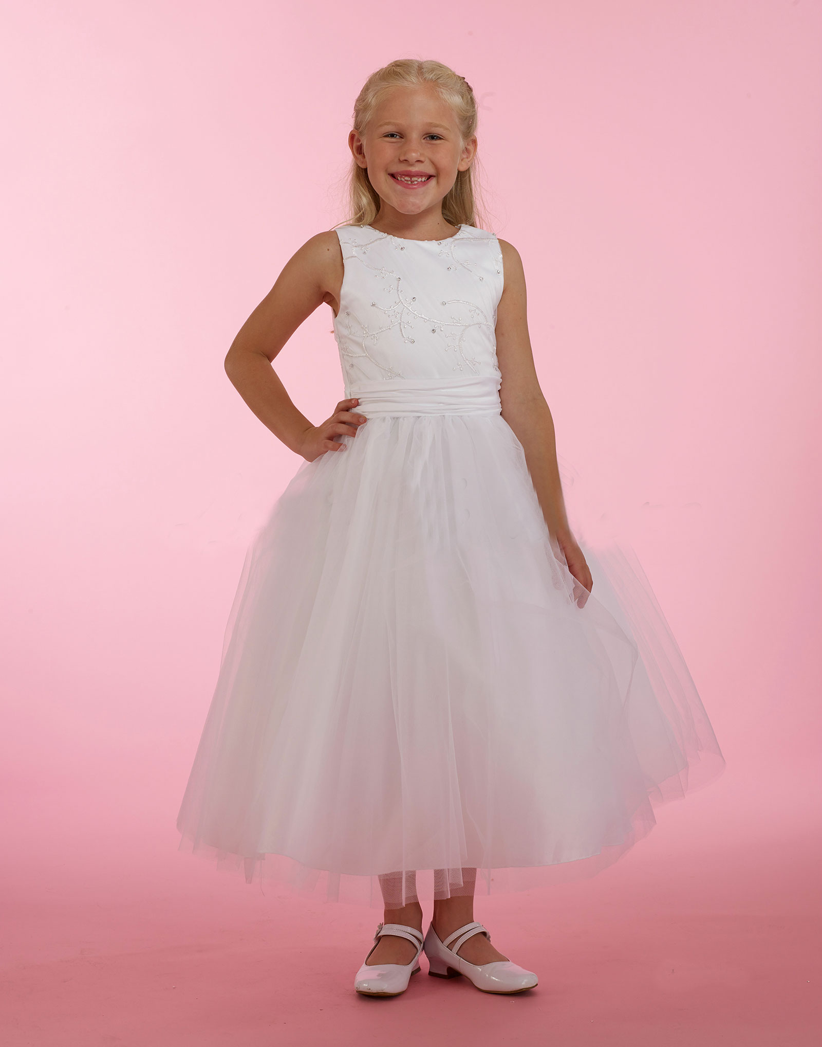 MD_T2021 CoutureDesigner Girls Dress Style T2021 WHITE Embroidered Satin Dress with Tulle