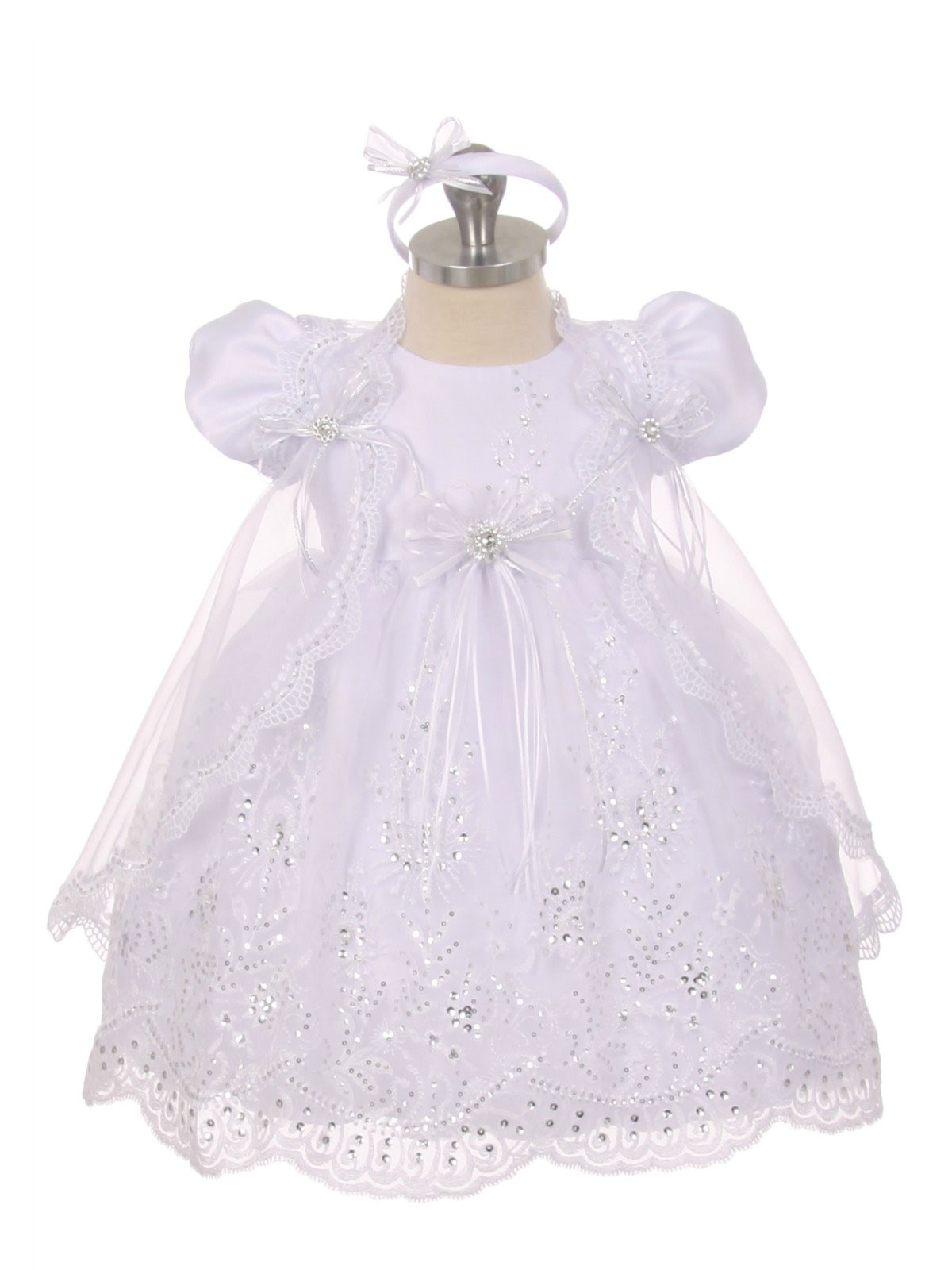 Girls Baptism-Christening Gown Style 017 - WHITE Embroidered Organza Dress with