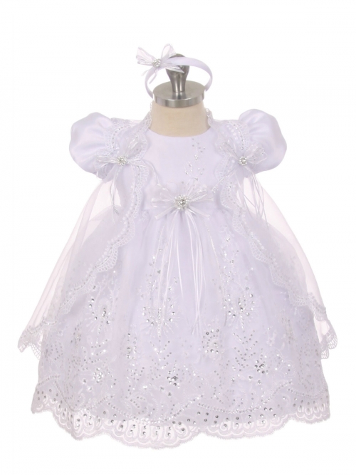 Girls Baptism-Christening Gown Style 017 WHITE Embroidered Organza Dress  with Rhinestone Accents
