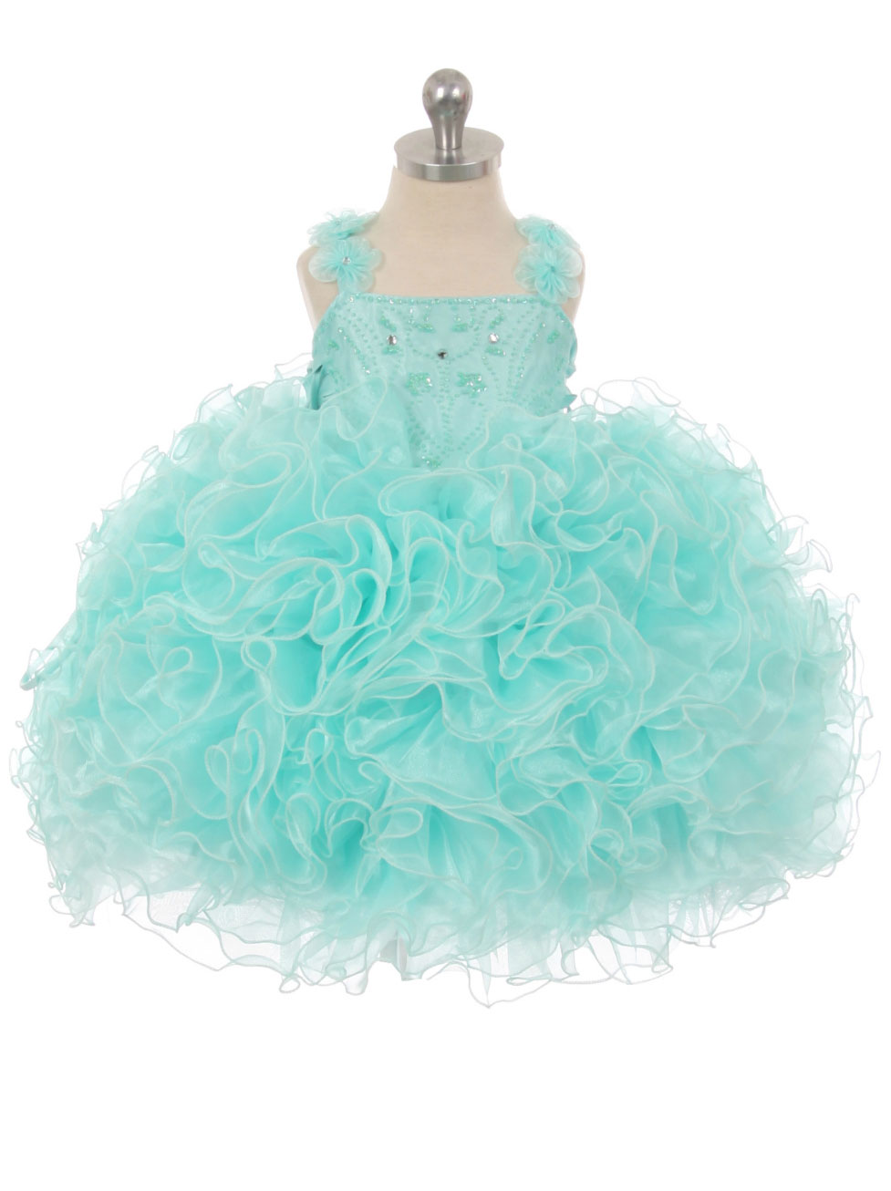Girls Dress Style 026 - Aqua Ruffled Organza Dress with Flower Straps
