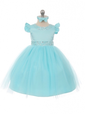 Girls Dress Style 027 - Cap Sleeve Satin and Tulle Dress with Rhinestone Accents in Choice of Color