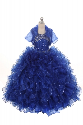 Girls Dress Style 1029 - Organza Dress with Beaded Bodice and Bolero in Royal Blue