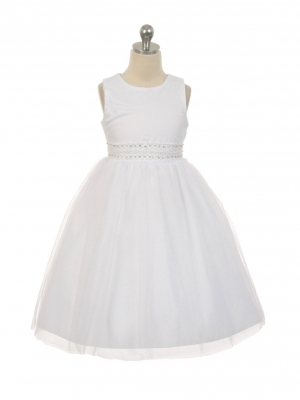 Girls Dress Style 1031 - WHITE Sparkly Tulle Dress with Rhinestone Accents