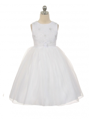 Girls Dress Style 1032 -  Organza Dress with Sparkly Bodice in White