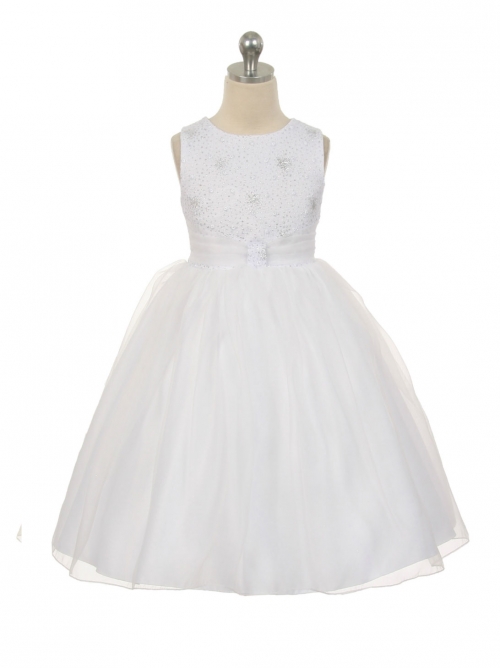 Girls Dress Style 1032 -  Organza Dress with Sparkly Bodice in White