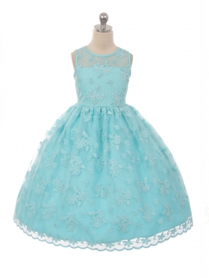 Girls Dress Style 1037 - Lace Dress with Floral and Pearl Accents in Choice of Color