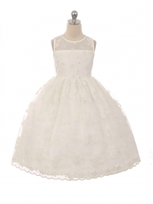 Girls Dress Style 1037 - Lace Dress with Floral and Pearl Accents in Choice of Color