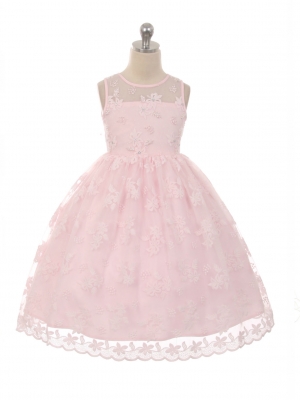 Girls Dress Style 1037 - Lace Dress with Floral and Pearl Accents in Choice of Color
