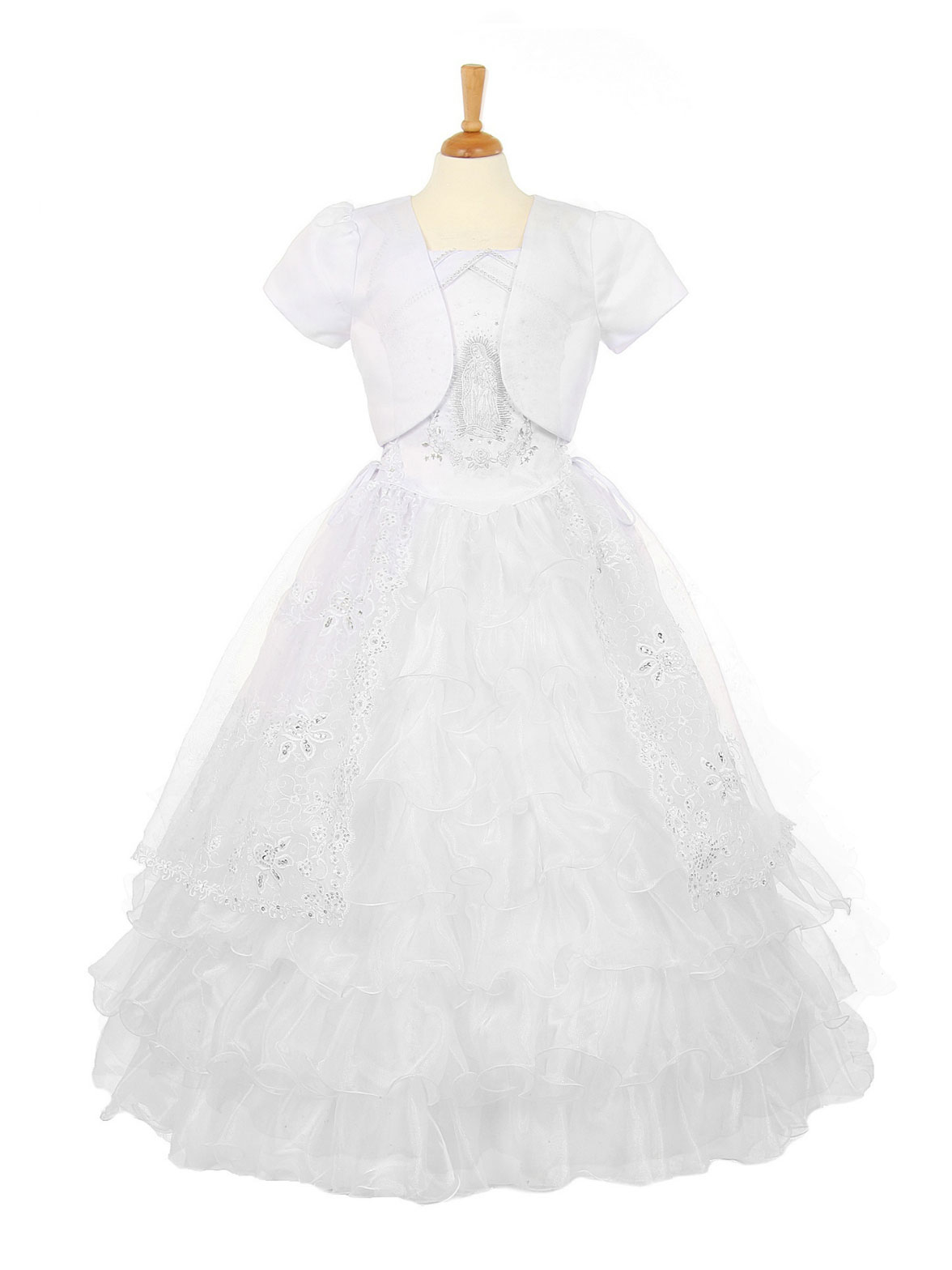 Girls Dress Style 2017 - WHITE Ruffled Organza Dress with Virgin Mary Design