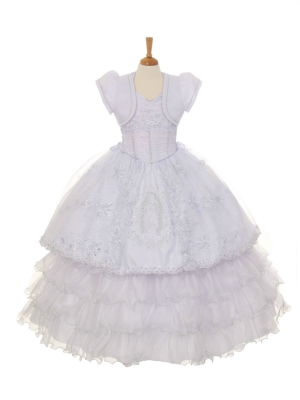 Girls Dress Style 297 -  WHITE Off the Shoulder Convertible Dress with Virgin Mary Design