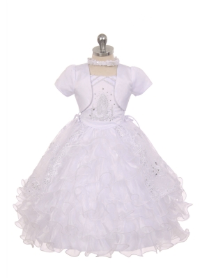 Girls Baptism-Christening Gown Style 407 - WHITE Satin and Organza Dress with Virgin Mary Design
