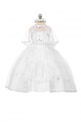 SALE WHITE Satin and Organza Dress with Virgin Mary Design