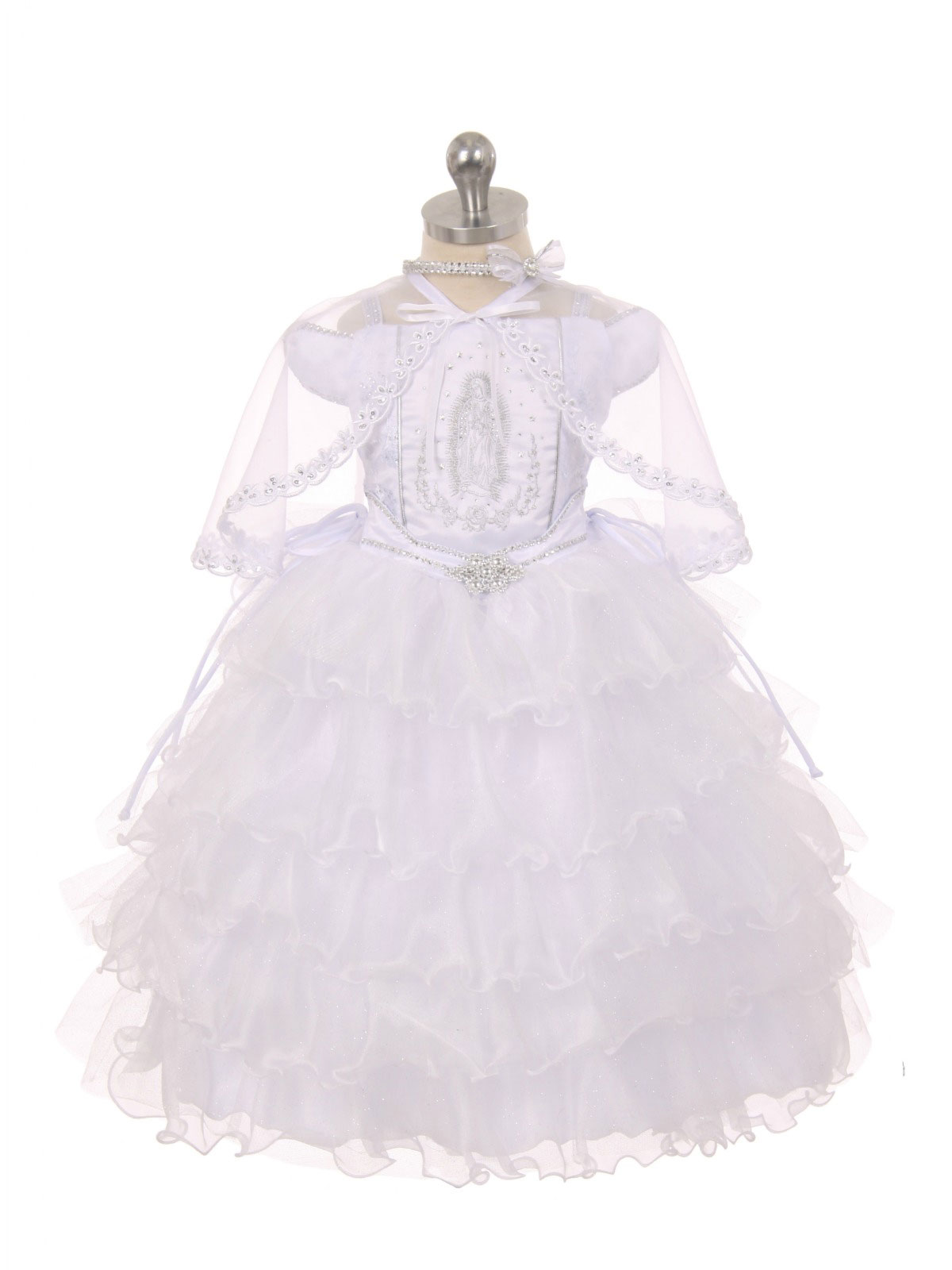 Girls Baptism-Christening Gown Style 411 - WHITE Off the Shoulder Dress with Vir