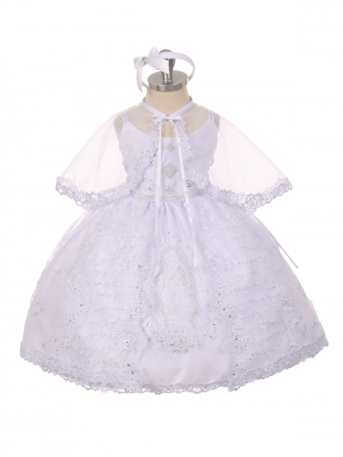 Girls Baptism-Christening Gown Style 414 WHITE Organza Dress with  Embroidered Virgin Mary Design