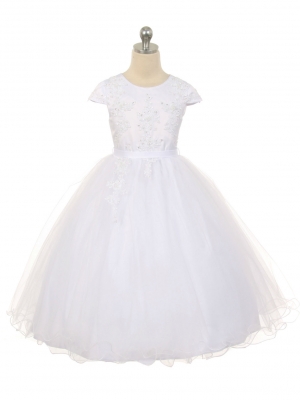 Girls Dress Style 542 - Short Sleeve Sequin and Pearl Tulle Dress in Choice of Color