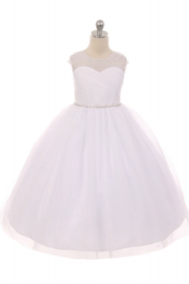 First Holy Communion-Flower Girl Style 549 - WHITE Sweetheart Illusion Neckline Gown