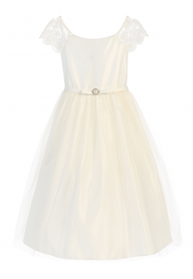 Girls Dress Style 621 - Off White Cap Sleeve Satin and Lace Dress
