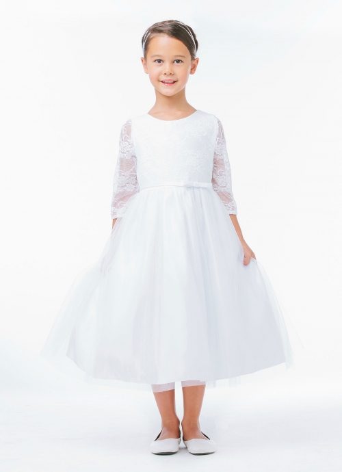 Girls Dress Style 643 - WHITE Three Quarter Length Sleeve Lace Dress Girls Dress Style 643 - WHITE Three Quarter Length Sleeve Lace Dress