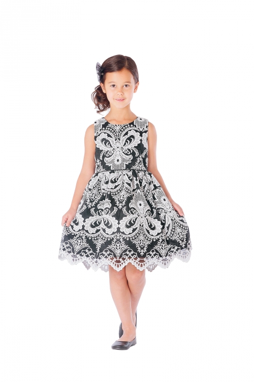 Girls Dress Style 656 - BLACK-WHITE Sleeveless Damask Dress