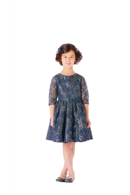 Girls Dress Style 660 - Navy Sequin Lace Dress with Gold Leaf Print