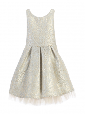 Girls Dress Style 670 - Blue Pleated Jacquard and Tulle Dress