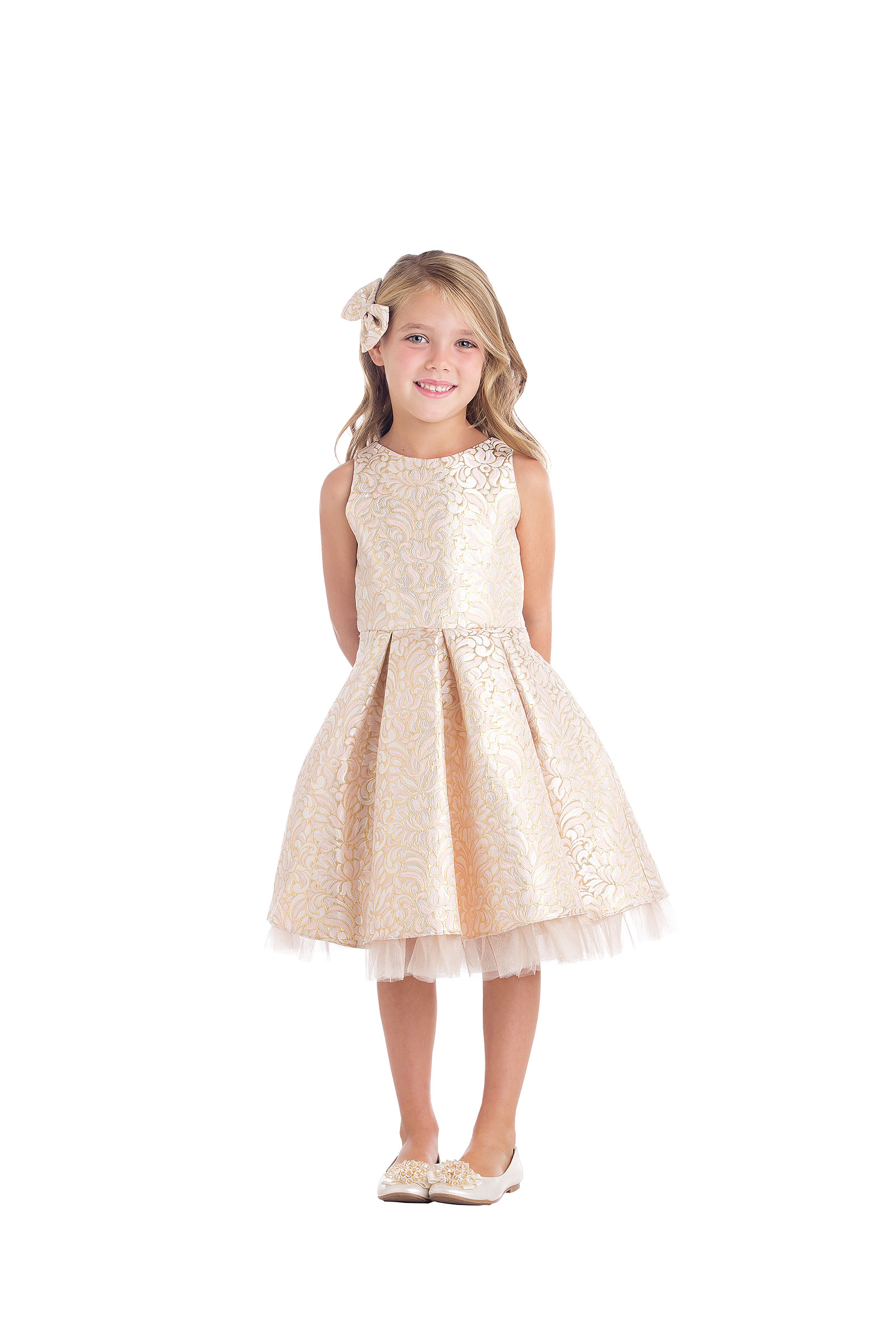 Girls Dress Style 670 - Ivory Pleated Jacquard and Tulle Dress