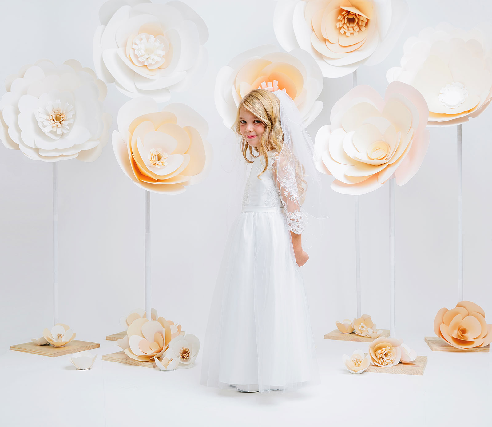 Girls Dress Style 681 - WHITE Embroidered Lace Dress with Long Scalloped Sleeves