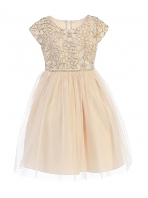 SALE Short Sleeved Gold Corded Embroidered Dress in Champagne