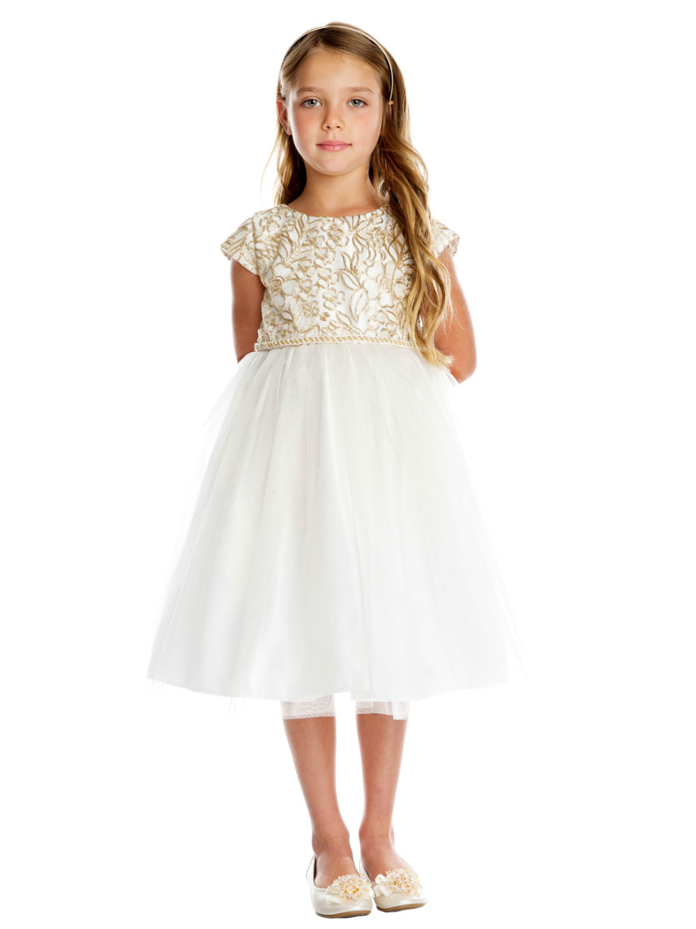 Girls Dress Style 709 - Short Sleeved Gold Corded Embroidered Dress in Off White